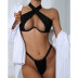 Conjunto de dos piezas de bikini a juego de color sólido con cintura alta en el pecho y cuello colgante NSLRS133150