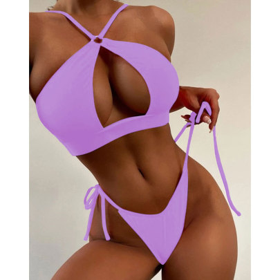 Conjunto De Dos Piezas De Bikini De Color Sólido De Cintura Alta Con Escote Cruzado En El Pecho Sin Espalda NSLRS133151