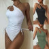 single-shoulder sleeveless drawstring solid color one-piece swimsuit NSLRS133152