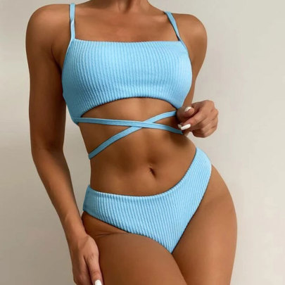 High Waist Sling Backless Lace-up Solid Color Tankini Two-piece Set NSLRS133153