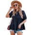 V-neck lace-up puff sleeves loose solid color top NSFH133158