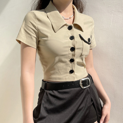 Buttoned Solid Color Lapel Short Sleeve Slim T-shirt NSSSN133187