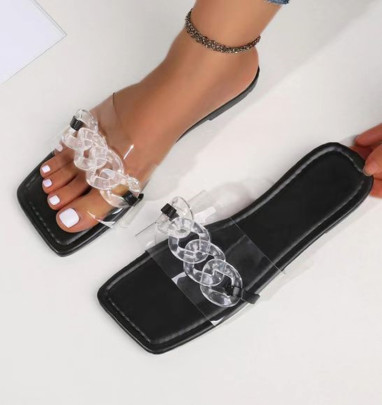 Square Toe Chain Transparent One-word Flat Slippers NSCRX133222