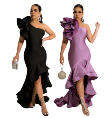 Sleeveless Irregular Ruffle Slim Fishtail Long Solid Color Prom Dress NSME133227