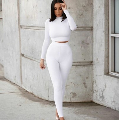 Long Sleeve High Waist Tight Round Neck Solid Color Top And Pant Set NSBDX133129
