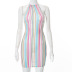 slim hanging neck backless lace-up striped dress NSHLJ133320