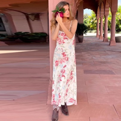 Sling Low-cut Slim Long Flower Print Dress NSXDX133345