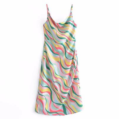 Suspender Slim Backless Hit Color Wave Pattern Dress NSAM133307