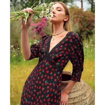 Short-sleeved V-neck Stitching Floral Lace Dress NSXDX133339