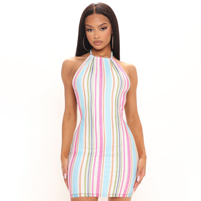Slim Hanging Neck Backless Lace-up Striped Dress NSHLJ133320