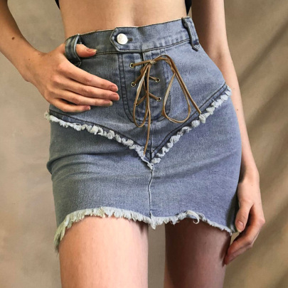 Stitching Raw Edge Lace-up High Waist Denim Skirt NSSSN133331