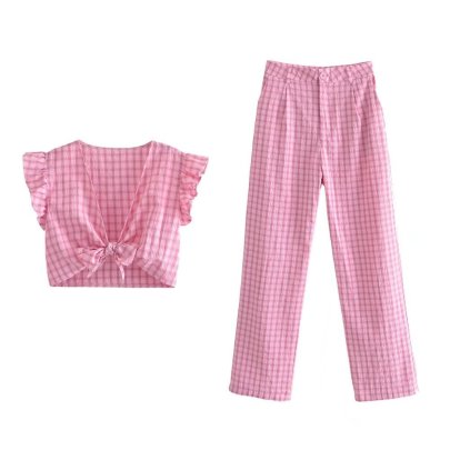 Plaid V-neck Flying Sleeve Top + Straight High Waist Pants Suit NSAM133308