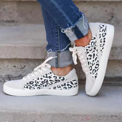 Leopard Print Casual Lace-up Round Toe Flat-heeled Sneakers NSJJX133286