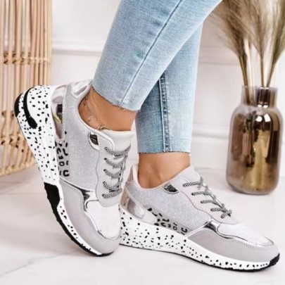 Leopard Print Lace-up Round Toe Flat Bottom Casual Sports Shoes NSJJX133406