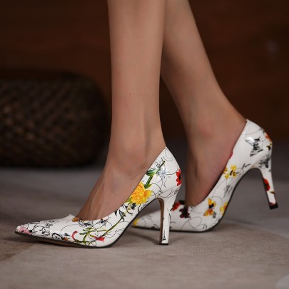 Pointed Toe Shallow Mouth Hand-painted Graffiti Stiletto Shoes NSJJX133408