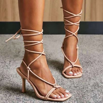 Square Toe One-word Cross Strappy High Heel Sandals NSJJX133411