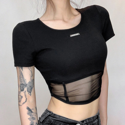 Short-sleeved Round Neck Slim Solid Color Mesh T-shirt NSSSN133419