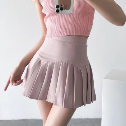 Solid Color Slim High Waist Anti-glare Wave Pleated Skirt NSXDX133423