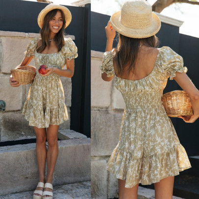 Puff Sleeve Square Neck Stretch Lace-up Waist Floral Dress NSJKW133445