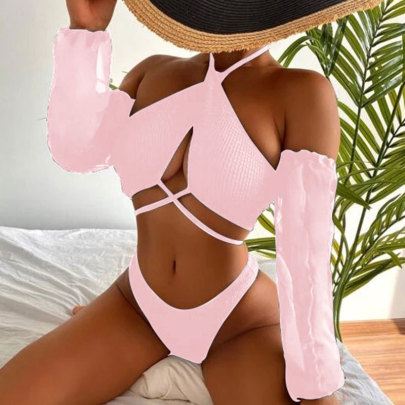 Hanging Neck Wrap Chest Lace-up Solid Color Bikini Two-piece Set With Sleeve Covers NSLRS133454