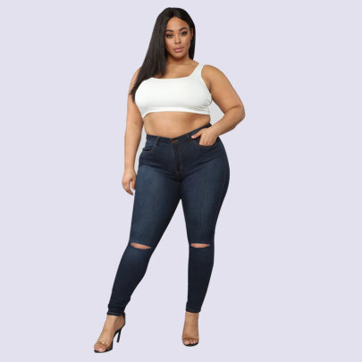 Plus Size High Waist Slim High-stretch Ripped Jeans NSWL133462
