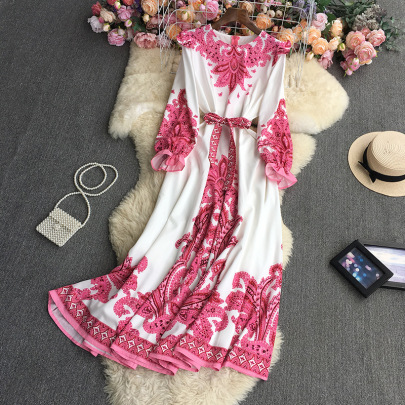Print Long Sleeve Waist Lace-up Large Swing Dress NSYXG133474
