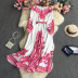 print Long Sleeve waist lace-up large swing Dress NSYXG133474