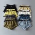 Shorts de mezclilla con cintura alta y pernera ancha rizada con cinturón-Multicolor NSXDX133493