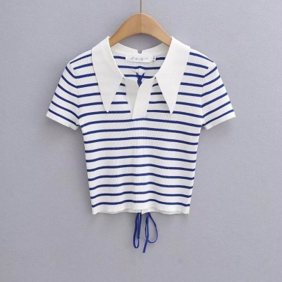 Short Sleeve Lapel Lace-up Slim Striped Knit T-Shirt NSXDX133429