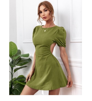 Round Neck Backless Puff Sleeve Lace-up Slim Solid Color Dress NSJKW133442