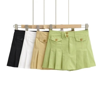 Pocket High Waist Slim Solid Color Button Pleated Skirt NSXDX133427