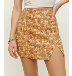 Button Floral High Waist Slit Slim Skirt NSAM133374