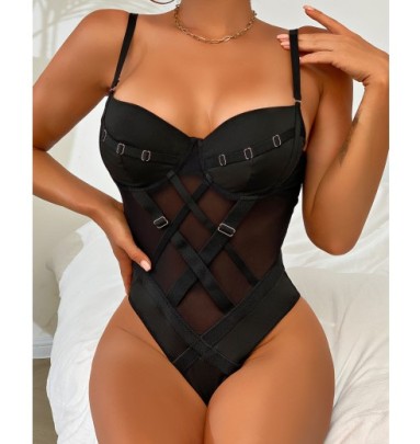 Suspender Low-cut Backless Stitching Solid Color Perspective One-piece Underwear NSRBL133439