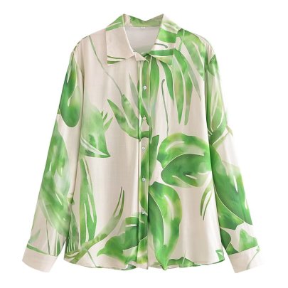 Breasted Tropical Print Long Sleeve Loose Lapel Shirt NSAM134628