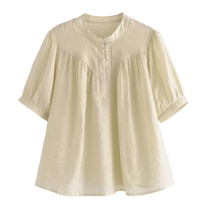 Button Solid Color Short-sleeved Loose Round Neck Top NSAM134627