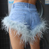 straight high waist stitching furry denim shorts NSSFN134647