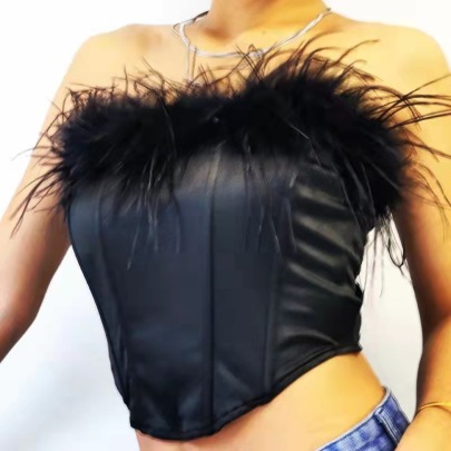 Fishbone Slim Stitching Furry Tube Top Backless Solid Color Vest NSSFN134659