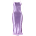 stitching furry suspender low-cut tight backless solid color satin dress NSSFN134660