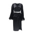 deep V long-sleeved slit high waist furry slim solid color top and skirt suit NSSFN134679
