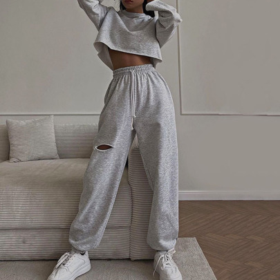 Round Neck Long-sleeved Ripped High Waist Loose Solid Color Sweatshirt Two-piece Suit NSSFN134687