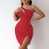 slingle-shoulder sleeveless tight sequinslit solid color dress NSDWT134709