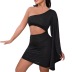 single-shoulder slant-neck slit-sleeve hollow high waist sequin solid color dress NSDWT134720