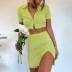 button solid color lapel short-sleeved slim slit high waist tops and skirt suits NSHTL134731