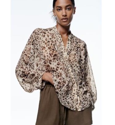Breasted Leopard Print V Neck Long Sleeve Loose Top NSAM134643