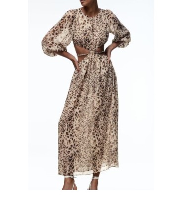 Round Neck Backless Puff Sleeve Long Leopard Printed Dress NSAM134642