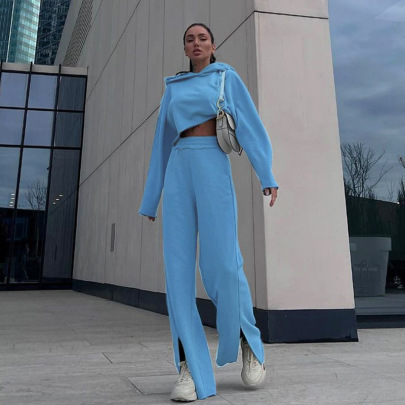 Hooded Long-sleeved High Waist Slit Solid Color Top And Pant Sweatshirt Suit NSSFN134668