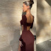 square neck long sleeve backless high waist slit solid color top and skirt set NSLKL134759