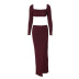 square neck long sleeve backless high waist slit solid color top and skirt set NSLKL134759