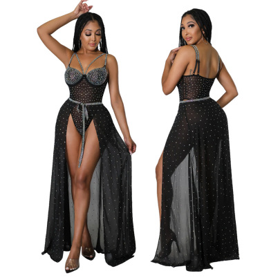 Hot Drill Sling Backless Wrap Chest Slim Lace-up Solid Color One-piece Top And Skirt Set NSYMS134805