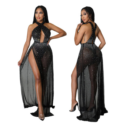 Hot Drill Wrap Chest Cross High Waist Slit Solid Color See-through Dress With Panties NSYMS134807